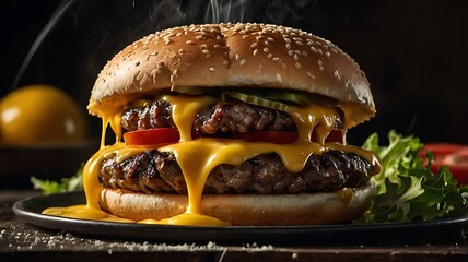 Juicy Burger Sliced in Half Revealing Steam and Melted Cheese in Mouthwatering Detail