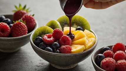 Close-Up of Spoon Dipping into Vibrant Acai Bowl with Fresh Fruit Toppings