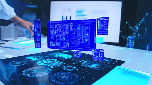 Hologram display projects blueprint, tech interface floats across control table, glowing panels shift in digital space, futuristic system design drives concept interaction