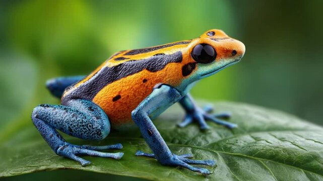 Poison Dart Frog on Leaf: A stunning macro photograph captures the vibrant colors and intricate patterns of a poison dart frog resting gracefully on a lush green leaf.