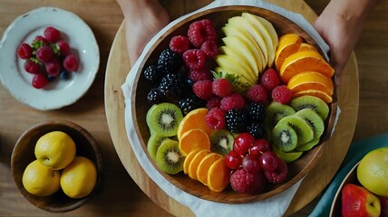 A timelapse of a colorful fruit platter being arranged from above