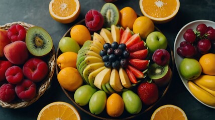 A timelapse of a colorful fruit platter being arranged from above