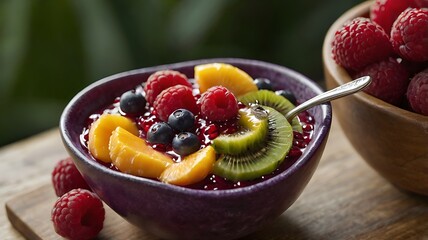 Close-Up of Spoon Dipping into Vibrant Acai Bowl with Fresh Fruit Toppings