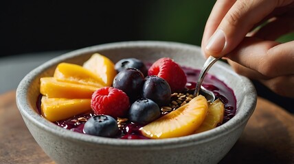 Close-Up of Spoon Dipping into Vibrant Acai Bowl with Fresh Fruit Toppings