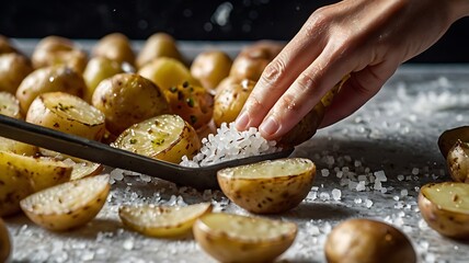 Hand Sprinkling Flaky Sea Salt on Golden Roasted Potatoes in Flavorful Close-Up