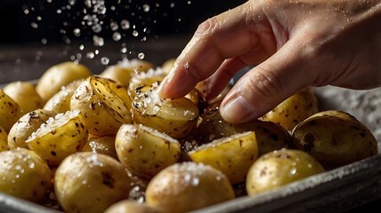 Hand Sprinkling Flaky Sea Salt on Golden Roasted Potatoes in Flavorful Close-Up