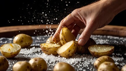 Hand Sprinkling Flaky Sea Salt on Golden Roasted Potatoes in Flavorful Close-Up