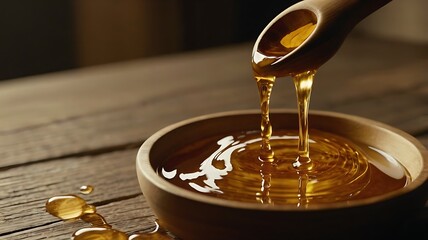 Cinematic Honey Dripping from Wooden Dipper in Warm Golden Lighting