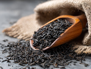 Loose Leaf Black Tea Displayed in Wooden Scoop and Burlap Sack