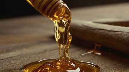 Cinematic Honey Dripping from Wooden Dipper in Warm Golden Lighting
