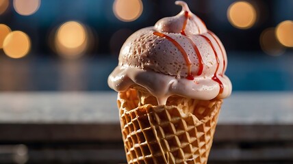 Close-Up of Ice Cream Melting on Hot Waffle Cone with Soft Bokeh Background