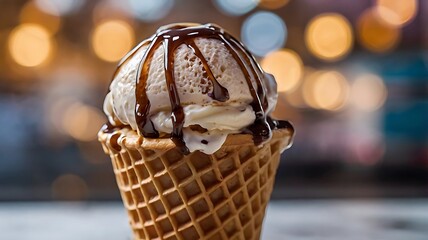 Close-Up of Ice Cream Melting on Hot Waffle Cone with Soft Bokeh Background
