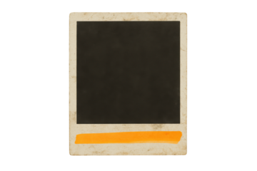 Vintage blank instant photo frame with orange tape isolated on white