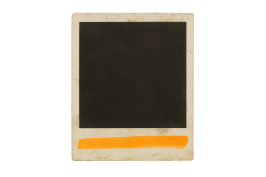 Old grunge blank instant camera photo frame with orange marker strip, isolated graphic resource isolated on Transparent Background