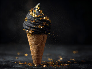 Black Ice Cream Cone Topped with Gold Flakes against Transparent Background