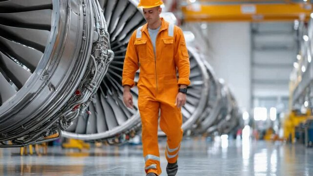 Aviation Technician: A skilled aviation technician in an orange jumpsuit walks confidently through a large hangar, overseeing rows of powerful airplane engines.