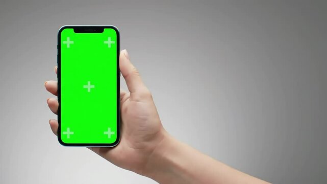 Realistic close-up video of a still hand holding a smartphone vertically. Screen is chroma green (#00FF00). Neutral gray background, soft lighting. Ideal for UI mockups.

