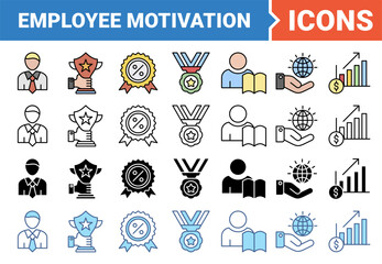 Employee motivation banner icon set with multiple style collection.