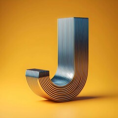 3d typography of the letter J, on a yellow background, chrome shiny texture