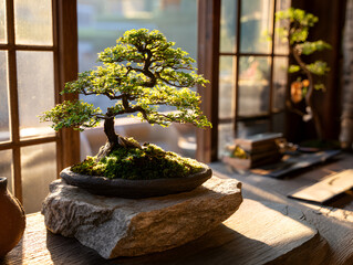 Bonsai Tree Art on Rock with Natural Light by the Window