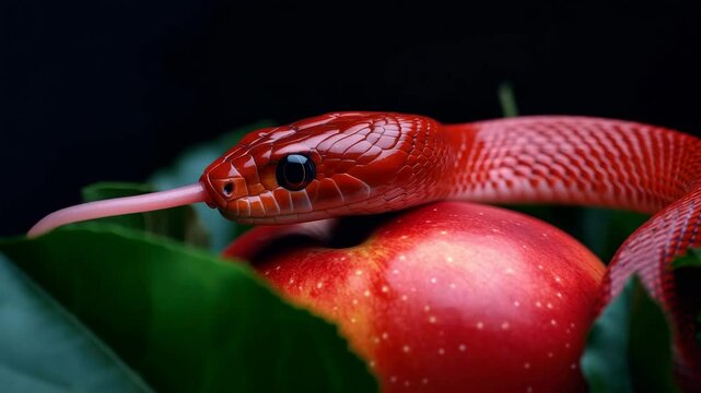 The red snake slithers slowly and smoothly across the top of the apple, its scales shimmering as they catch the light. Its forked tongue darts out to taste the air before it continues its path into t