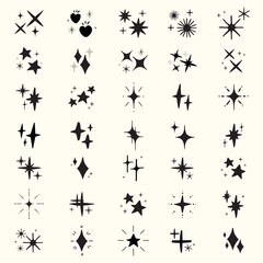 Collection of black starburst and sparkle icons. Starburst icons vary in shape and size. Sparkle icons are bold and dynamic. Perfect for design projects. Element vector set.
