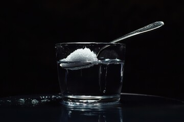 Glass Of Salt Water. High Alkaline Agent Spoon with Sugar and Baking Soda in Water Glass