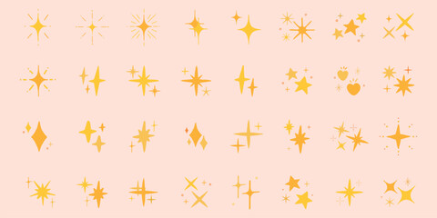 A collection of yellow star and sparkle icons on a grid background. Various star shapes and sparkles. Decorative yellow icons for design. Star and sparkle motifs. Element vector set.
