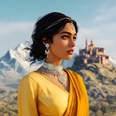 Elegant Indian Woman in Saree Amidst Mountains