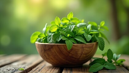 Fresh mint leaves in wooden bowl on table natural light green herbs