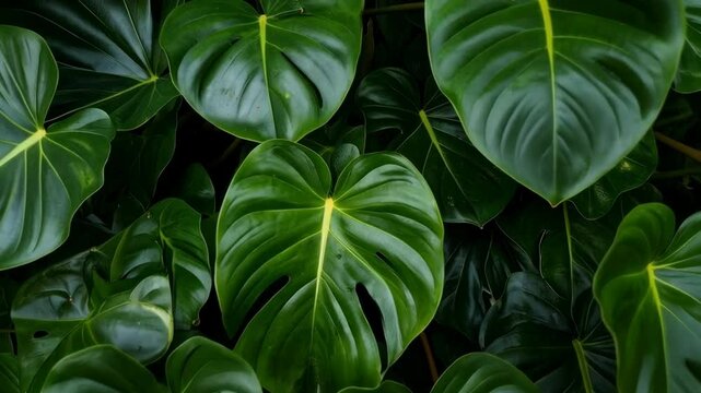 Lush green Monstera deliciosa plant leaves filling the frame, featuring textured foliage and bright yellow midrib, showcasing the beauty of nature.
