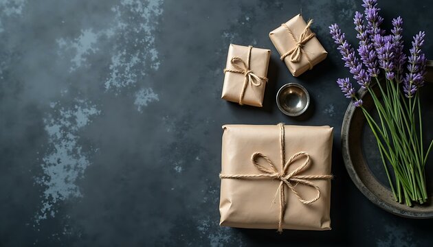 Gifts lavender presents kraft paper rustic bow string dark background