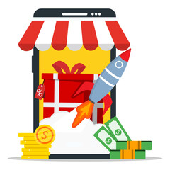 E-commerce booster strategy concept. Rocket launch from online store and giftbox with percentages tag label on screen.