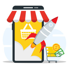 E-commerce booster strategy concept. Rocket launch from online store with shopping cart filling stack of coins and dollar money. 
