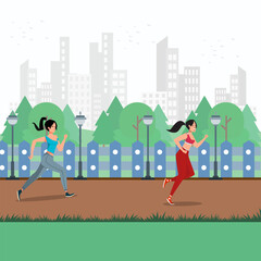 Women jogging in the park on city background. Healthy lifestyle concept.