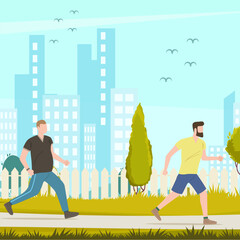 A men jogging in the park on city background. Healthy lifestyle concept.