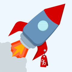 Rocket with tags of percentage symbol shooting up for discount, sales growth and marketing boost. 
