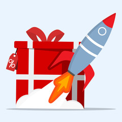 E-commerce sale booster strategy concept. Rocket launching with giftbox and tags label percentages of price.