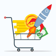 Sales booster strategy concept. Rocket launch with shopping cart filling stack of coins and dollar money.