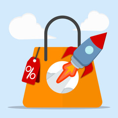 Rocket launching from shopping bags with percentages tags label. E-commerce sales strategy concept.