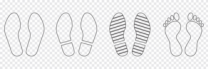 Human footprints icon set. Different human footprints. Human walking footprints shoes and shoe sole. Kids feet and Human foot steps Fun vector footsteps icon or sign for print. Eps 10.