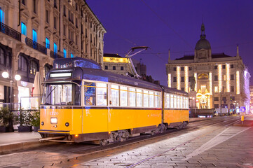 Beautiful cityscape of a tram running in Milan, Italy