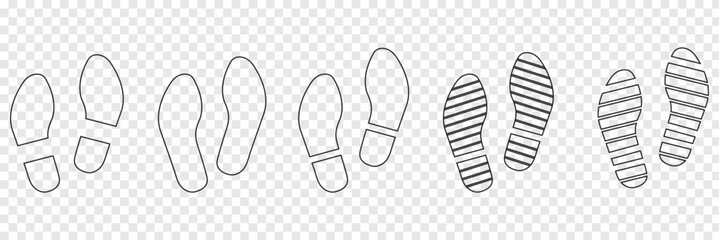 Human footprints icon set. Different human footprints. Human walking footprints shoes and shoe sole. Kids feet and Human foot steps Fun vector footsteps icon or sign for print. Eps 10.
