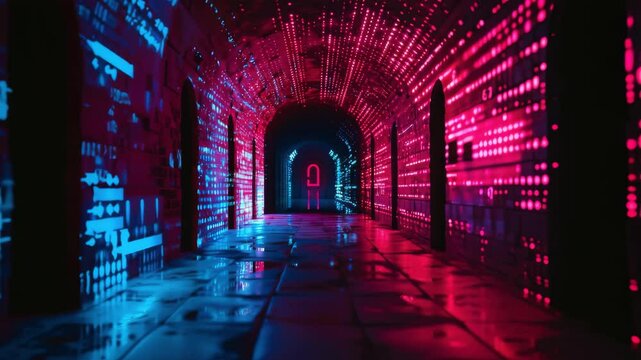 A slow, steady dolly shot moving forward through the neon-lit corridor The blue digital text on the left wall flickers and shifts, while the red glowing patterns on the right wall pulse
