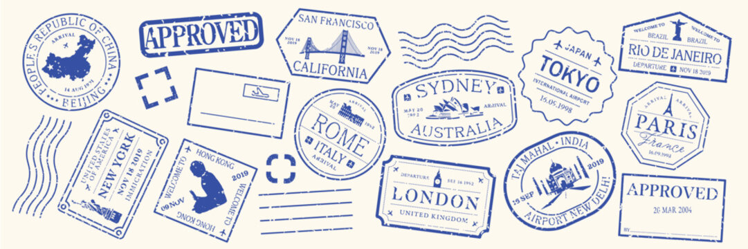 Colorful travel stamps featuring travel icons like planes, boats, and postcards. Travel-themed designs in vibrant colors, perfect for travel enthusiasts. Colorful travel stamps, vector set.
