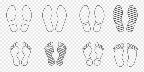 Human footprints icon set. Different human footprints. Human walking footprints shoes and shoe sole. Kids feet and Human foot steps Fun vector footsteps icon or sign for print. Eps 10.