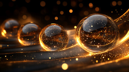 Elegant glass spheres illuminated with golden light against a dark background with bokeh