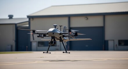 Modern Drone in Flight Aerodynamic Design Industrial Technology Clear Sky.