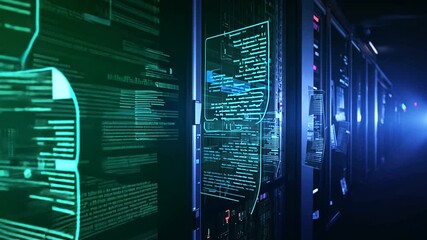 High-tech server room with glowing data displays, showcasing digital information and technology - Powered by Adobe