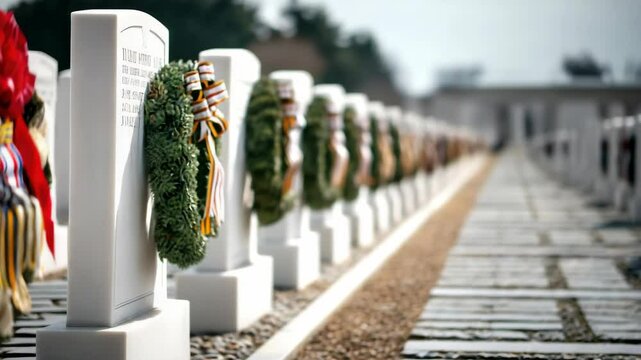 Tribute to fallen heroes at a memorial site with floral wreaths honoring their sacrifice